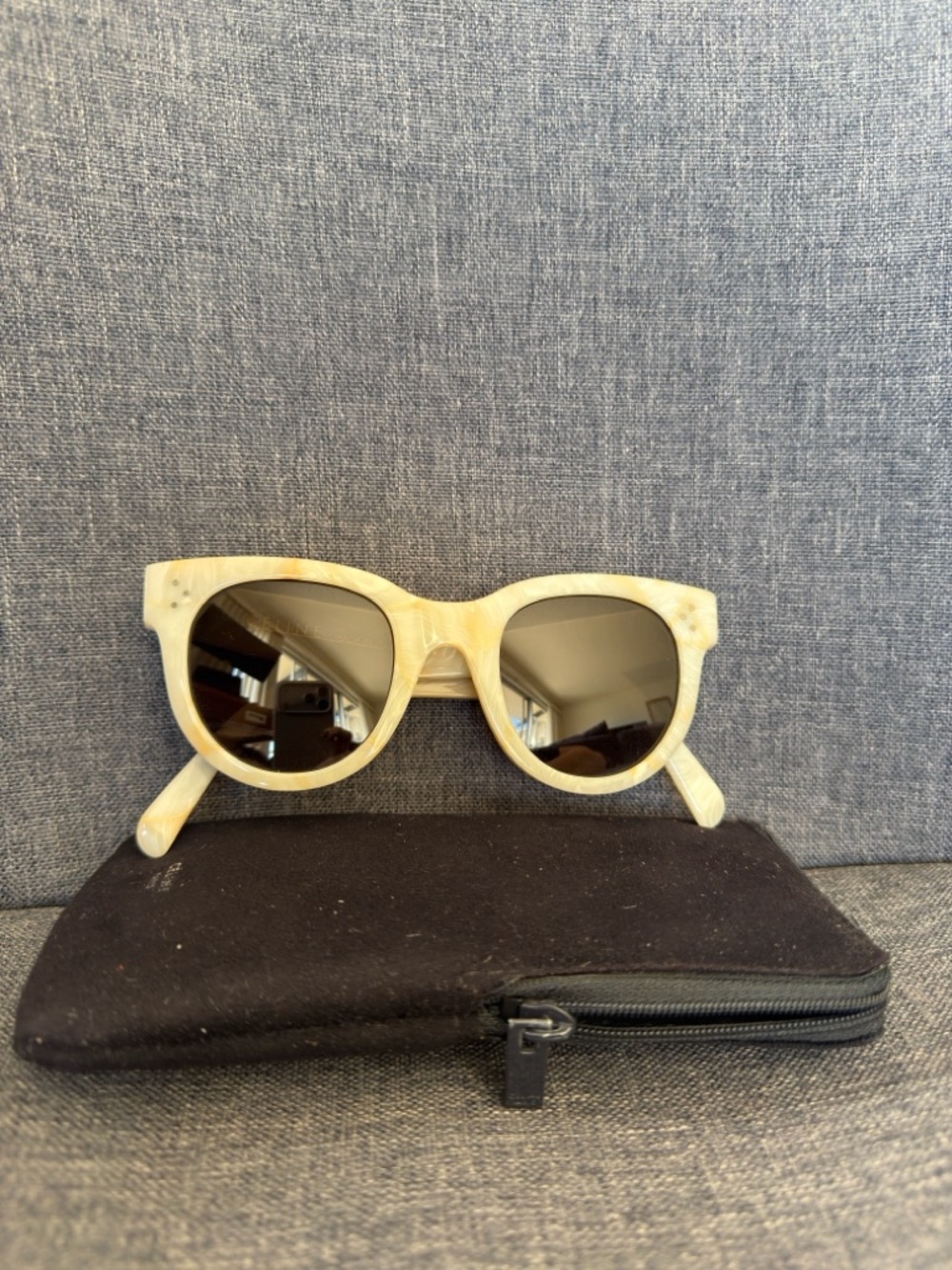 Celine Cream Tortoiseshell Round Sunglasses with Black Lenses - Picture 2 of 6